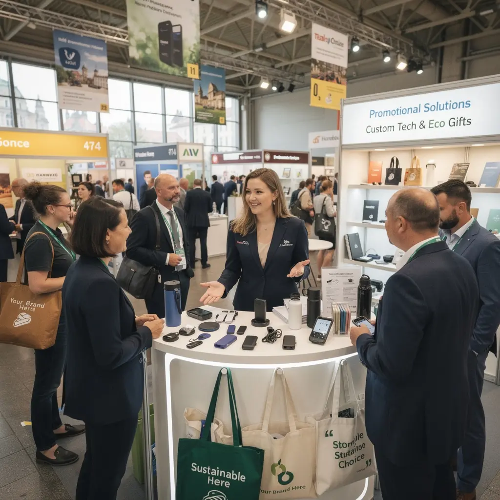 Pohled na stůl plný personalizovaných dárků a reklamních předmětů.