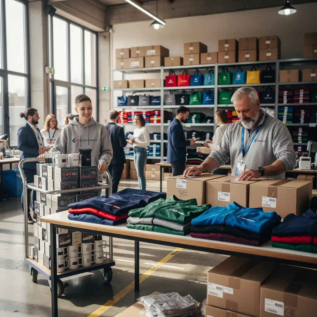 Žena vybírá reklamní tašku s logem na veletrhu.